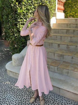 Blush Pink Midi Dress with Belt
