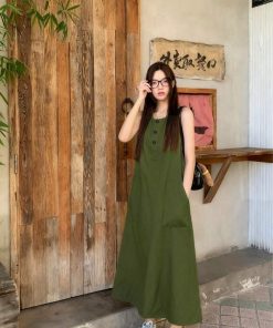 Casual Green Pocket Midi Dress