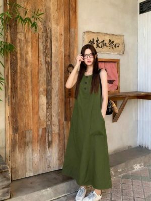 Casual Green Pocket Midi Dress